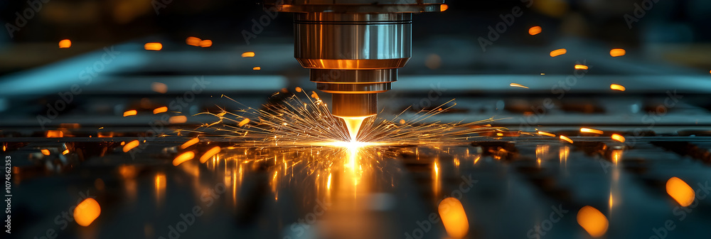 Aufkleber Laser cutting machine in action,with an intense beam of bright light producing sparks and heat while cutting through metal in a modern industrial workshop or factory setting.