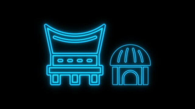 Glowing neon house sign animation on a black background.