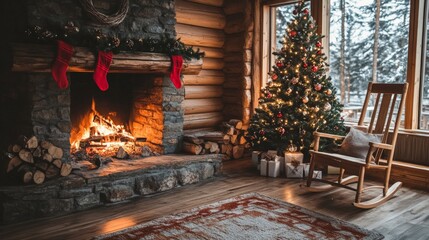Cozy log cabin with christmas decorations and fireplace ambiance.