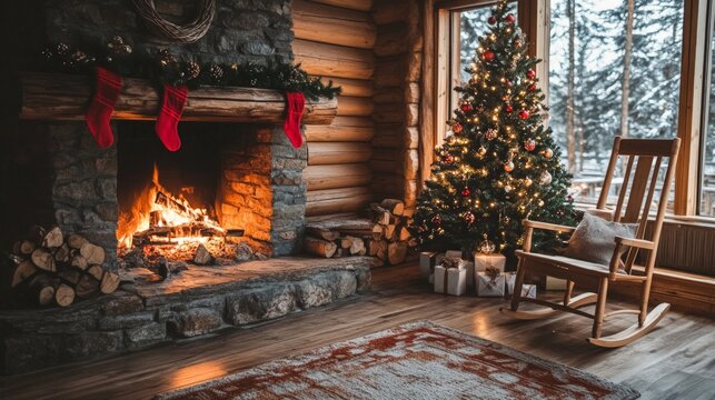 Cozy log cabin with christmas decorations and fireplace ambiance.