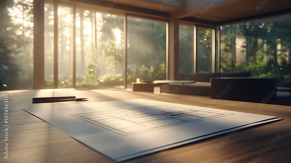 Poster a serene workspace with natural light, featuring a wooden table and a sheet of art or design surroun