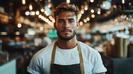 A confident young man with a rugged look stands in a lively modern kitchen environment, showcasing a sense of ambition and readiness amidst culinary chaos.