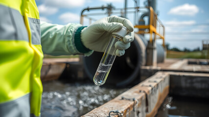 A gloved hand holds a test tube filled with water, signifying water quality testing