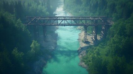 Fototapeta premium A peaceful river flows beneath a weathered wooden bridge, surrounded by lush green trees and a misty atmosphere.