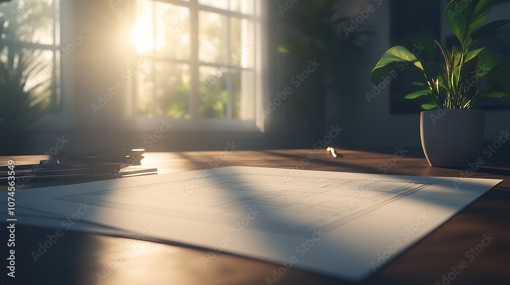 Poster a sunlit workspace features scattered coins, a document on a table, and a green plant, creating a se