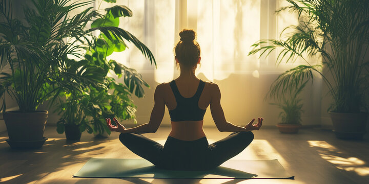 Young woman meditating in lotus position, surrounded by plants in a bright, peaceful room. Ideal for promoting yoga, mindfulness, and relaxation events