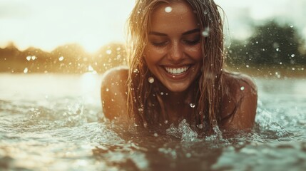 Obraz premium A happy woman is joyfully splashing in a sunlit body of water, enjoying the refreshing sensation and the golden hues of the sunset reflected on the water's surface.