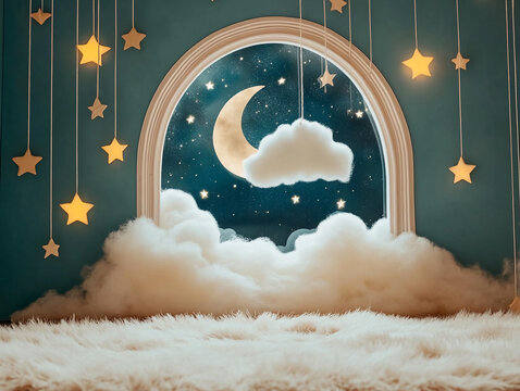 A whimsical backdrop for a newborn photoshoot features a moon, clouds, and stars hanging from the ceiling