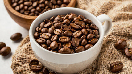 Fototapeta premium Cup filled with roasted coffee beans on burlap and white table background