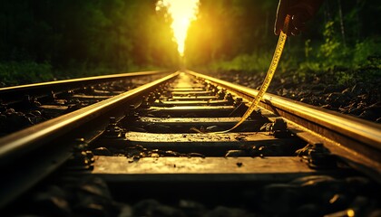 Naklejka premium A serene view of railway tracks leading into a bright, glowing light amidst a lush, green forest.