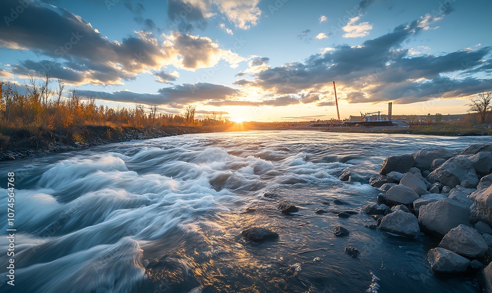 Poster a serene river flows under a vibrant sunset, with soft waves and clouds reflecting the warm colors o