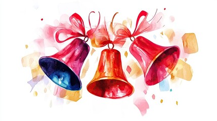 Vibrant watercolor christmas bells with festive red ribbons and colorful background