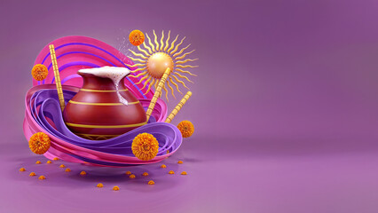 Fototapeta premium Vibrant, modern, Happy Pongal Festival Illustration with Traditional Pot, Marigold Garlands, and Festive Elements on Purple Background, in 3d render abstract style, AI Generated