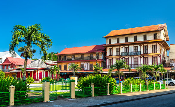 Traditional houses at Place du Coq in Cayenne, the capital of French Guiana