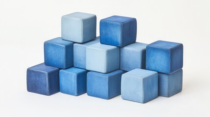 Obraz premium Aesthetic Composition of Blue Wooden Cubes Stacked on Each Other in Varying Shades of Blue with Soft Lighting and a Minimalistic Background