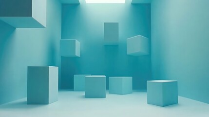 Abstract Space with Floating Cubes in Light Blue Room Featuring Soft Shadows and Minimalist Design Aesthetic for Modern Art Concepts and Backgrounds