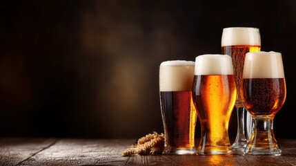 This image showcases four glasses of craft beer with distinct colors and foamy tops, set on an aged wooden surface, exemplifying diversity and richness.