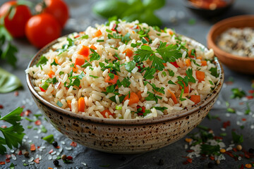 Bowl with tasty rice and vegetables. Selective focus.