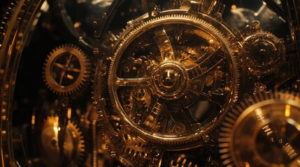 Obraz premium Intricate Golden Mechanics of an Antique Clock Showcasing Delicate Cogs, Wheels, and Gears Under Atmospheric Lighting for a Steampunk Aesthetic
