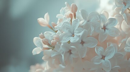 Fototapeta premium Soft pastel lilacs in bloom: delicate white and pink flower details in gentle light Background, wall, space for text