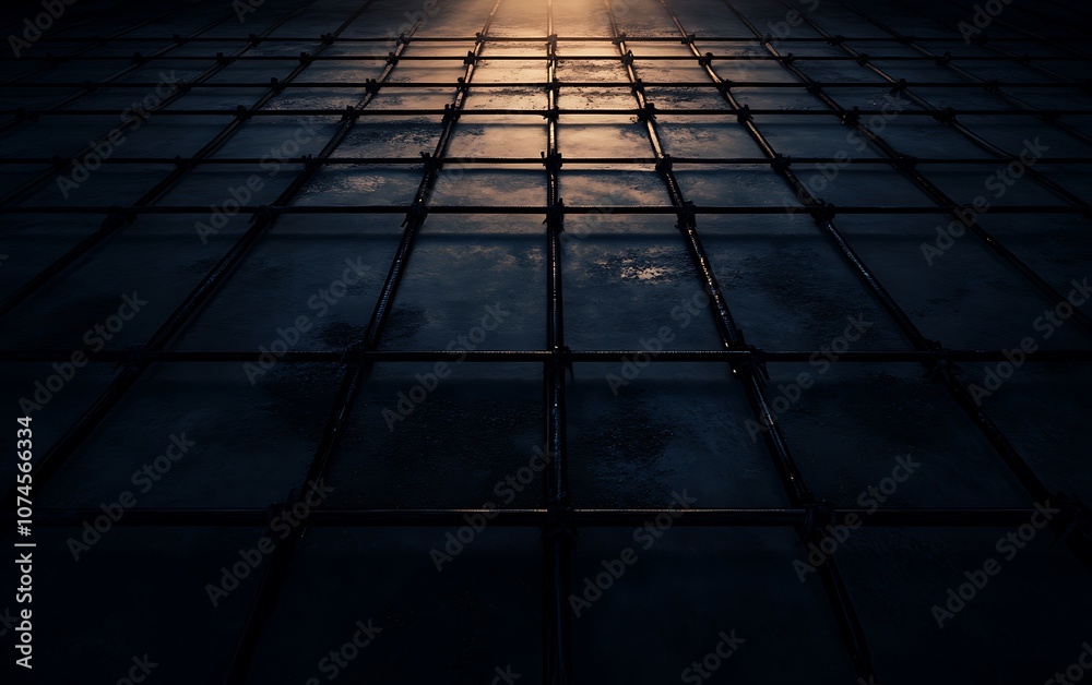 Poster A dark, grid-like surface reflecting light creates a dramatic, moody atmosphere, with a sense of depth and intrigue in the composition.