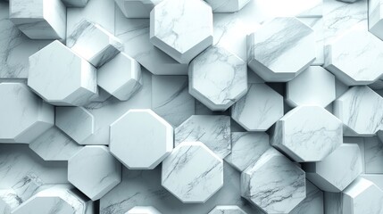 Abstract Arrangement of White Marble Geometric Shapes Showcasing Hexagonal and Cubic Forms with a Smooth Textured Surface for Modern Interior Design Inspiration