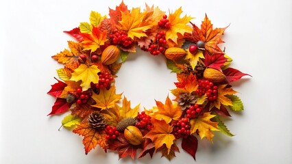 Vibrant Fall Wreath with Colorful Leaves on a White Background Capturing the Essence of Autumn Decor and Seasonal Beauty for Home and Event Styling