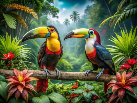 Vibrant Fashion Photography Featuring Pteroglossus frantzii and Ramphastos tucanus Amidst Tropical Flora, Highlighting the Stunning Colors and Unique Patterns of the Redbilled Toucan