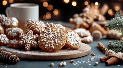 A plate of intricately decorated gingerbread cookies in festive shapes, surrounded by a cozy setting with a warm drink, perfect for the holiday season.