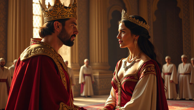 Esther standing before King Xerxes in a lavish Persian court, a moment filled with tension and beauty in ancient times
