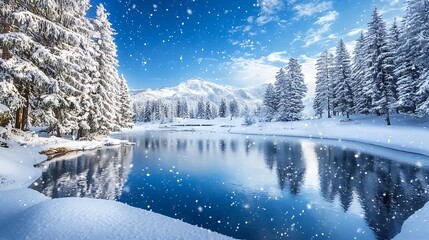 Fototapeta premium Snow-Covered Mountain Lake with Fir Trees and a Snowy Landscape