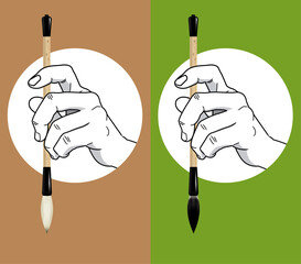 Hands holding a Chinese calligraphy brushes, with and without ink. Vector, with plain color background.