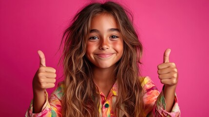 A cheerful young girl with long hair and a colorful shirt gives a thumbs up against a vibrant pink backdrop, exuding positivity and youthful energy.