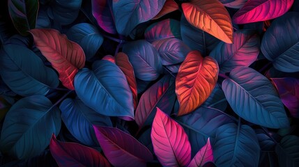 Fototapeta premium Small tropical leaves in neon colors. Creative fluorescent picture of exotic leaves.The concept of nature.