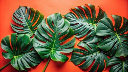 Vibrant Monstera Tropical Leaves on Coral Background - Minimalist Summer Vibe for Home Decor and Lifestyle Photography