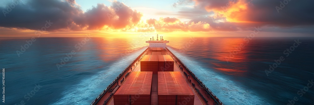 Poster panoramic view of a large cargo ship sailing into the horizon during a stunning sunset over the open