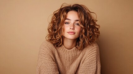 A woman with curly hair wears a cozy beige sweater, exuding warmth and comfort. Her serene expression adds to the inviting and relaxed atmosphere of the portrait.