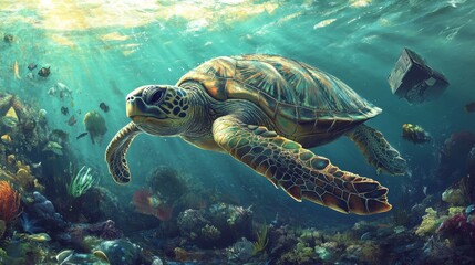 Obraz premium A sea turtle swims through polluted waters, showing ocean ecosystems at risk from rising temperatures. --ar 16:9 --v 6.1 Job ID: a1abd55d-8141-40e9-9ea2-cd96fbac2dbf