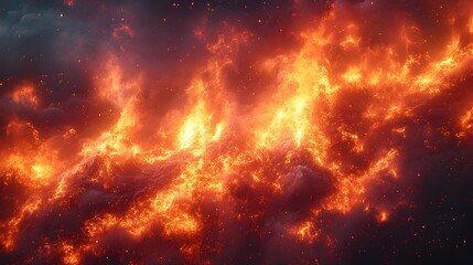 Fototapeta premium Raging Cosmic Inferno:Fiery Eruption in the Depths of the Universe. Intense,brilliant flames engulf the cosmic landscape,creating a powerful,apocalyptic scene of destruction and raw energy.