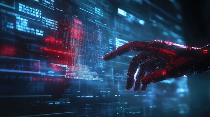 Background of robot hand interacting with AI digital holographic interface