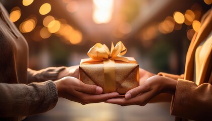 A close-up of hands presenting a small gift box wrapped in ribbon, symbolizing giving.