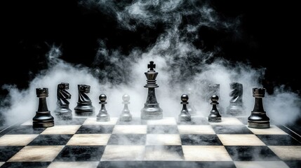Dramatic Chess Scene with Black Pieces Emerging from Fog on an Elegant Chessboard, Symbolizing Strategy and Competition in a Timeless Game