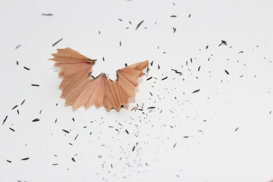 pencil tip shavings from sharpener isolated on white background and texture, top view
