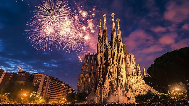 Fireworks Display Over the Sagrada Familia at Night