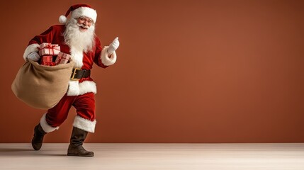 Santa Claus joyously carries a burlap sack overflowing with gifts while dressed in his iconic red and white costume, ready to spread holiday cheer.