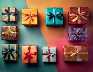 A variety of beautifully wrapped gift boxes in different colors and patterns, arranged festively for the holiday season.
