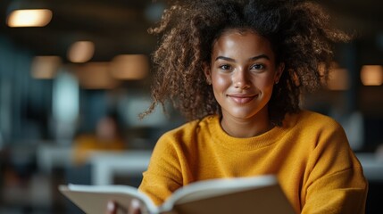 A young woman wearing a yellow sweater is sitting and reading a book with a warm, friendly smile in a softly lit cozy library setting.