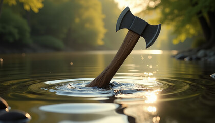 Axe head floating in a tranquil river at sunrise, captivating onlookers with its unexpected presence