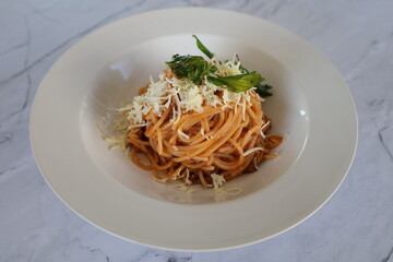 Spaghetti Bolognaise served in white plate, 