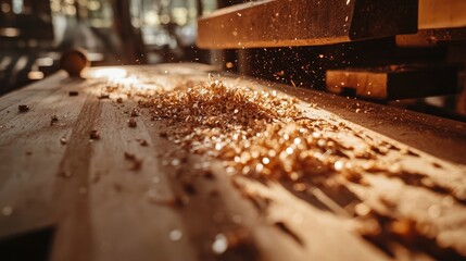 Close-Up of Wood Shavings on a Workshop Table with Warm Light Rays Illuminating the Sawdust in a Cozy and Productive Carpentry Environment